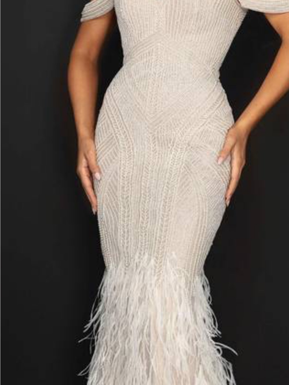 Terani Couture Ivory Beaded Mermaid Gown with Feather Hem